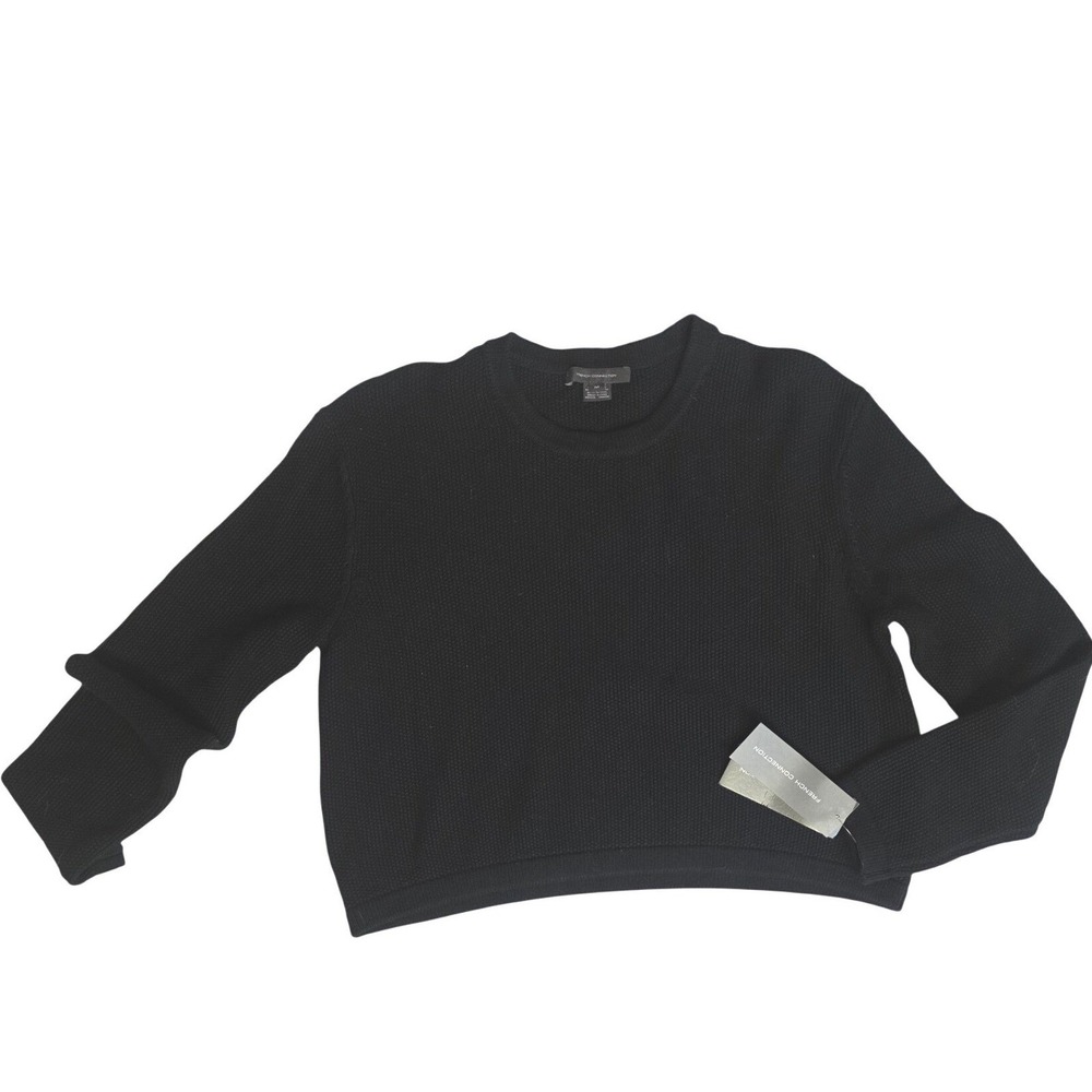 French Connection Women M Black Cotton Waffle Knit Cropped Crewneck Sweater NWT